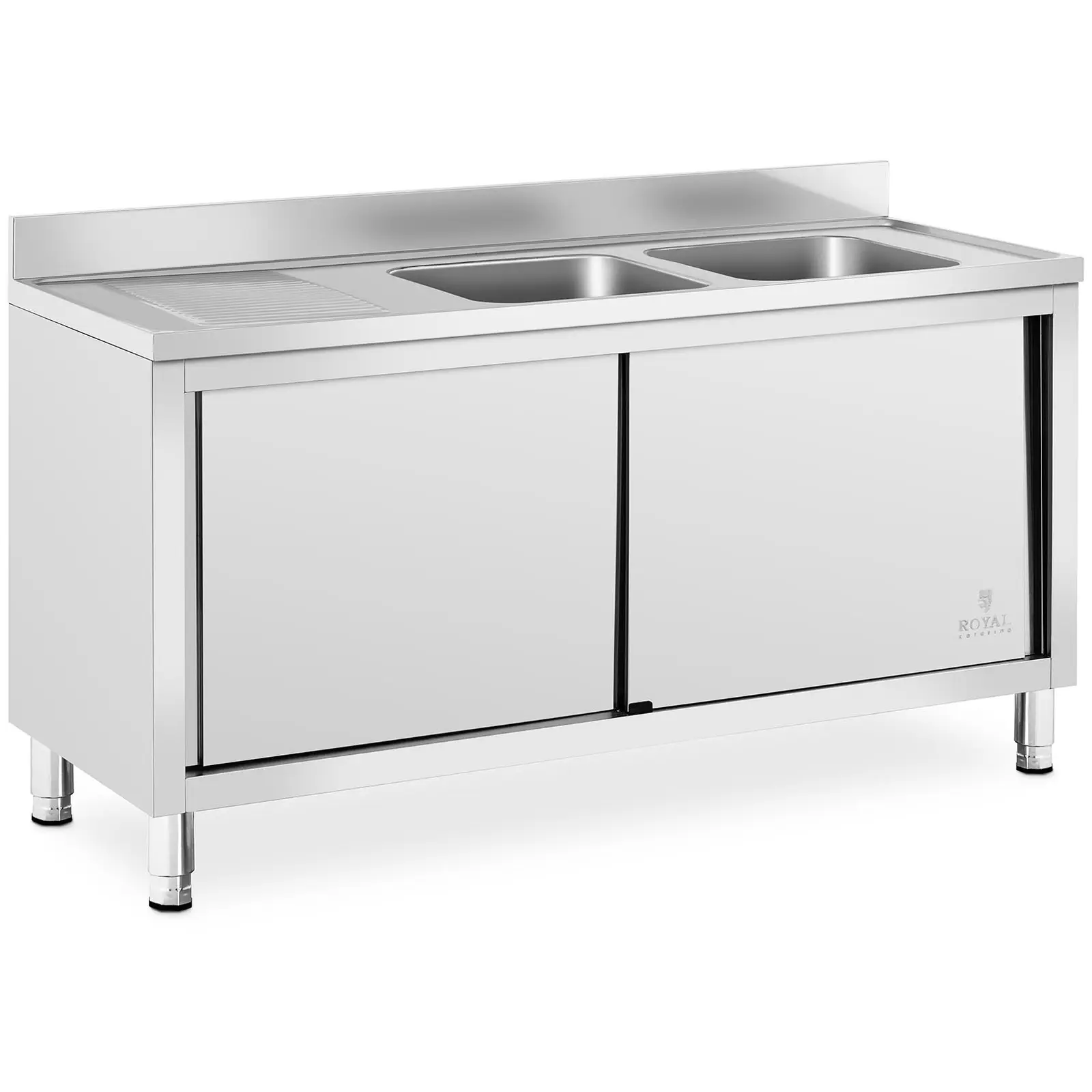 Сребърна мивка за търговска кухня - 2 мивки - Royal Catering - Неръждаема стомана - 400 x 400 x 250 мм