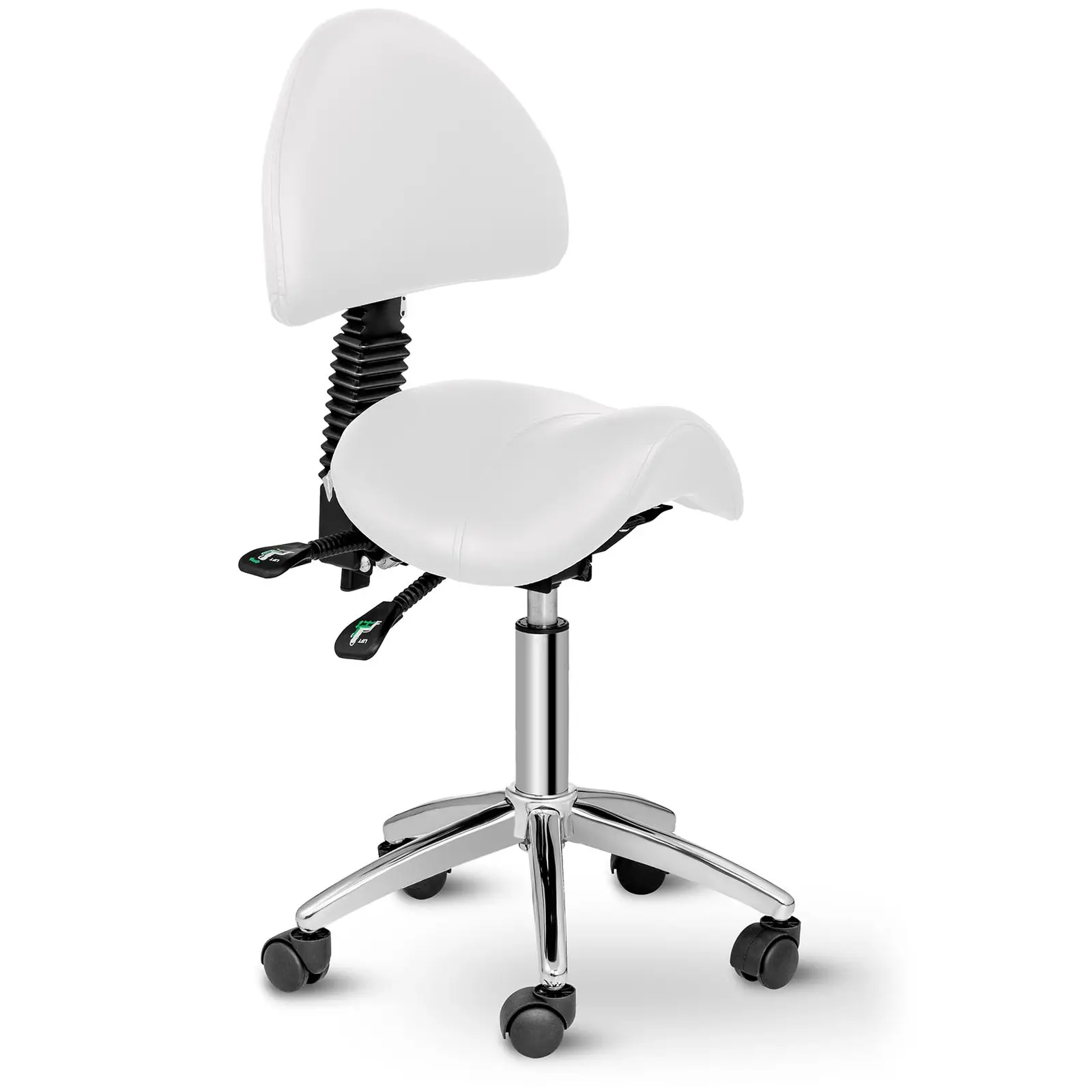 Седловиден стол с опора за гръб -  mm - 150 kg - Бяло