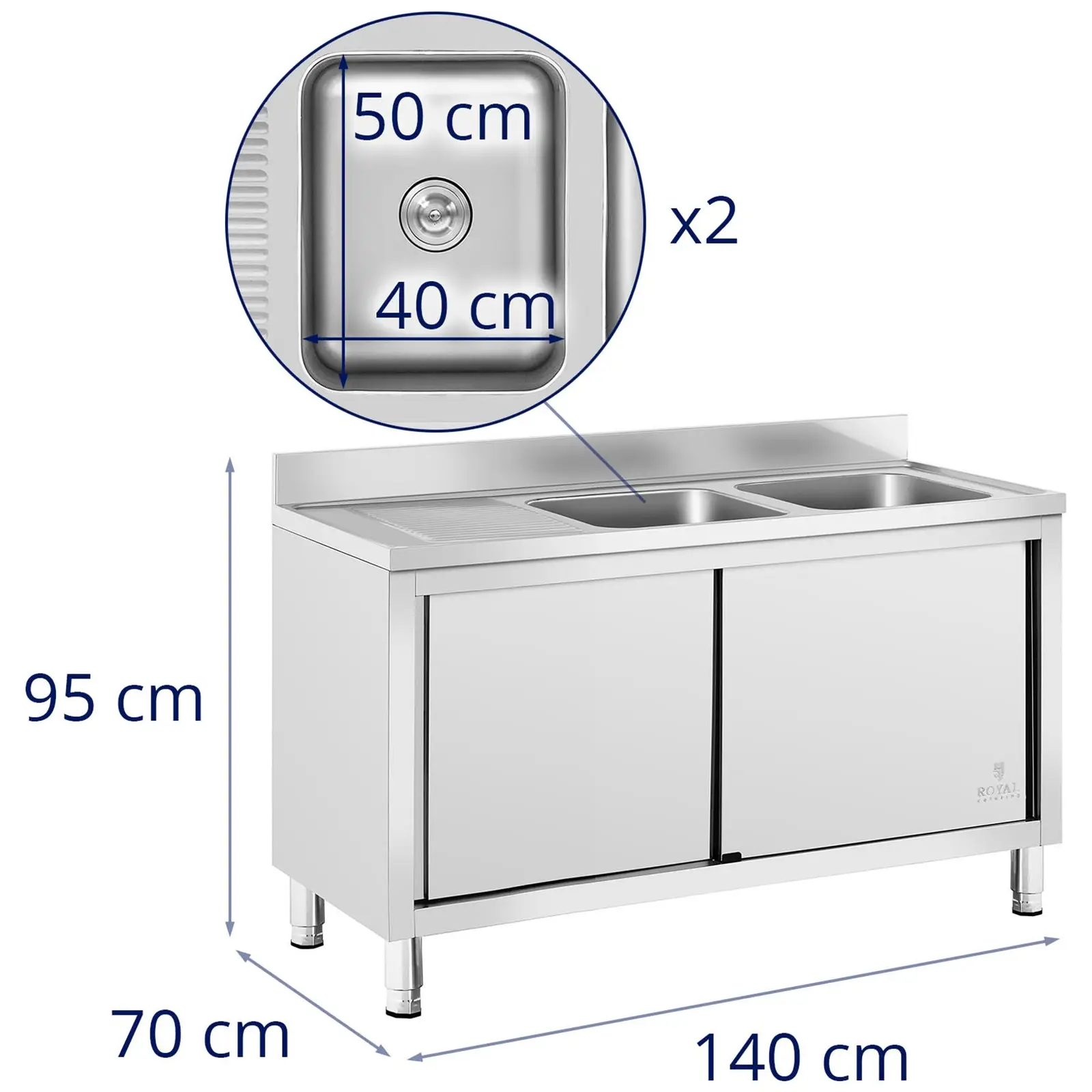 Търговска кухненска мивка - 2 мивки - Royal Catering -  - 500 x 400 x 300 mm
