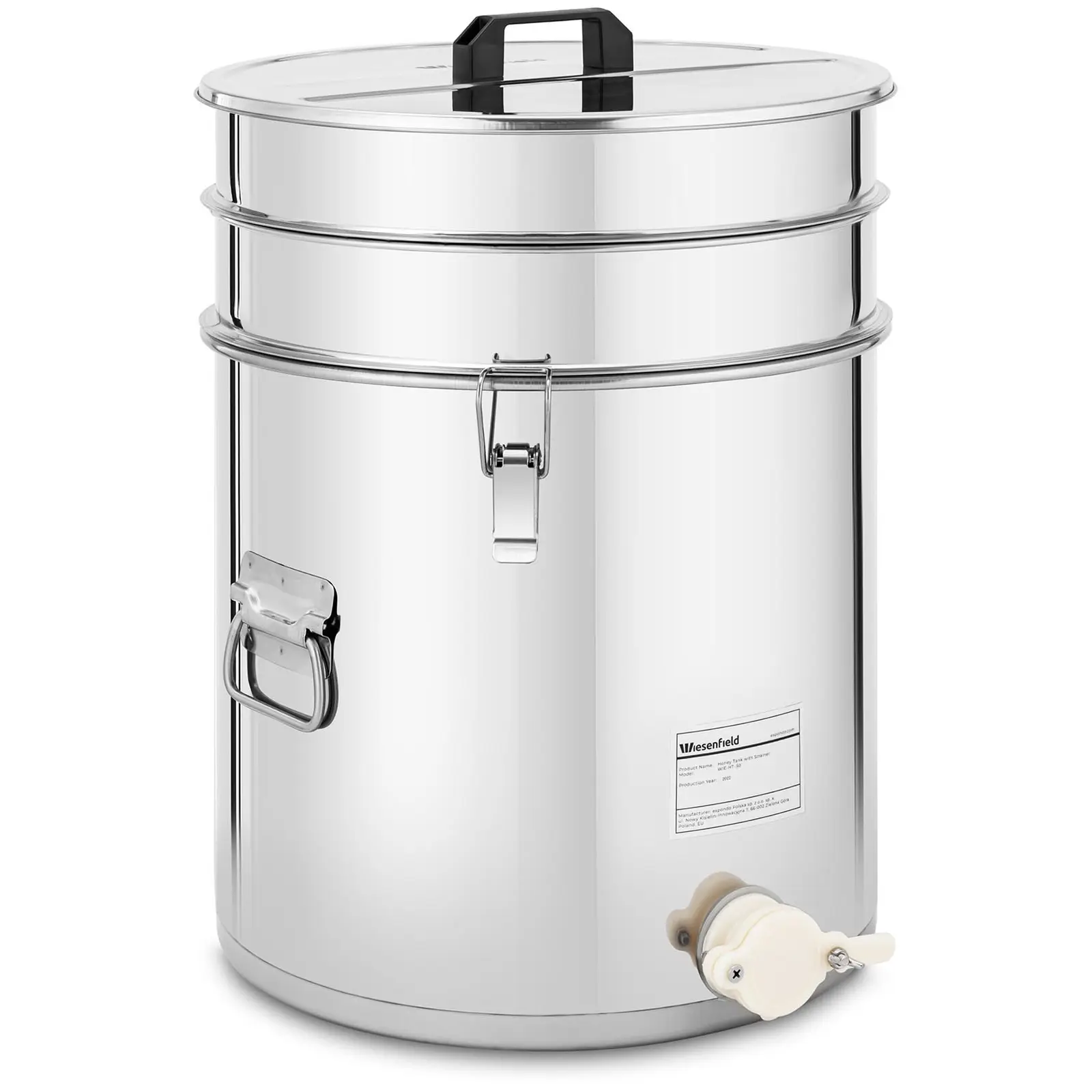 Резервоар за мед - 40 л - с цедка, капак и кран за изстискване - неръждаема стомана